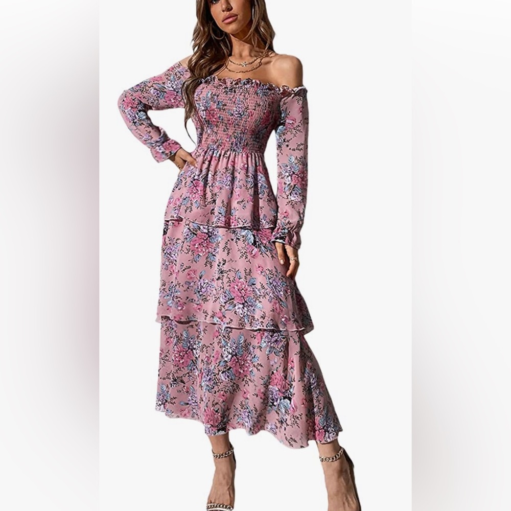 Floerns Women's Off Shoulder Long Sleeve Shirred Floral Print A Line Long Dress